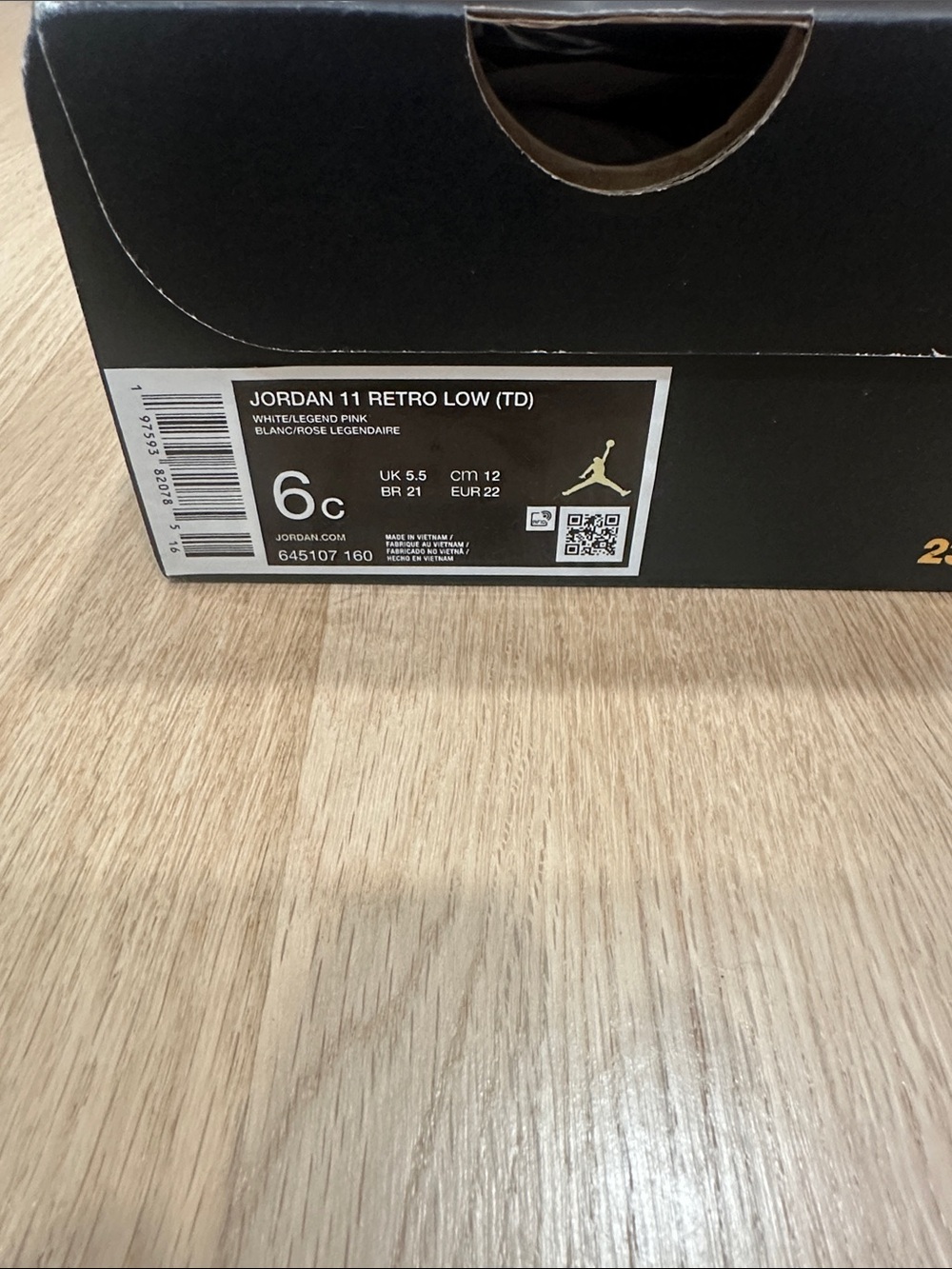 Jordan 11 Retro Low (TD) White/Legend Pink Toddler Shoes Box Label